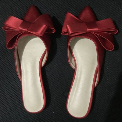 XIAOBANG-2022 spring and summer women's shoes Korean silk satin Pointed bow tie slippers Baotou flat heel sets semi slippers