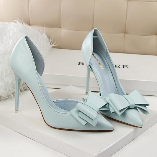 XIAOBANG-Korean Fashion Women's Shoes Wedding Bow High Heels Stiletto Heels Shallow Pointed Head Side Empty Thin Shoes