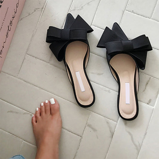 XIAOBANG-2022 spring and summer women's shoes Korean silk satin Pointed bow tie slippers Baotou flat heel sets semi slippers