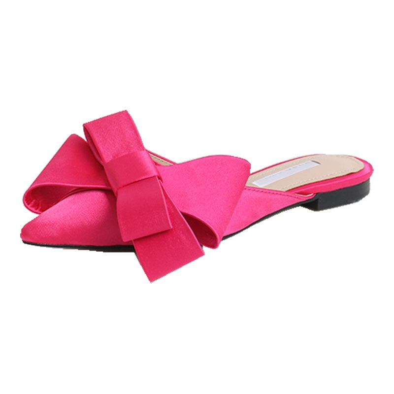 XIAOBANG-2022 spring and summer women's shoes Korean silk satin Pointed bow tie slippers Baotou flat heel sets semi slippers