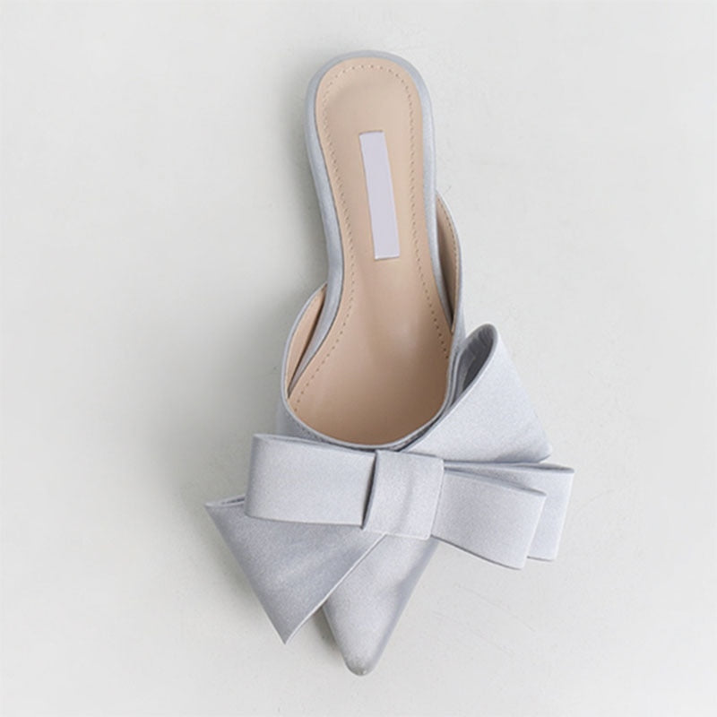 XIAOBANG-2022 spring and summer women's shoes Korean silk satin Pointed bow tie slippers Baotou flat heel sets semi slippers