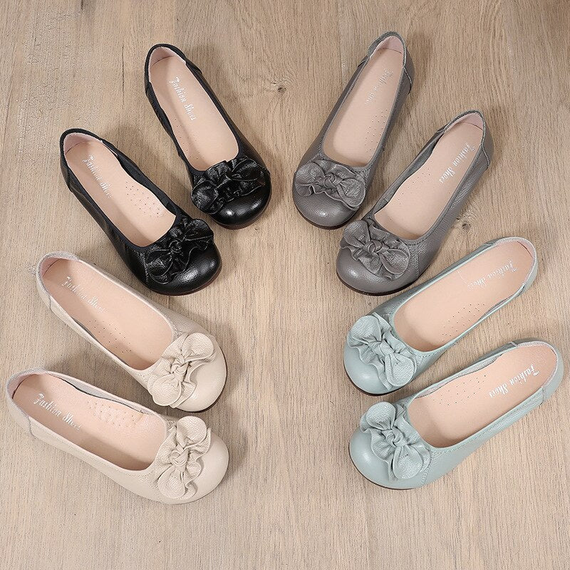 XIAOBANG-New leather slip-on women's flat shoes moccasin women's flat shoes spring and autumn fashion bow tie mom shoes