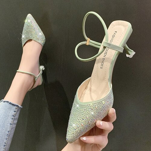 XIAOBANG-Women 2022 New Dignified Rhinestone Buckle Stiletto Heel Pointed-Toe Fairy Style High Heels Spring Sandals