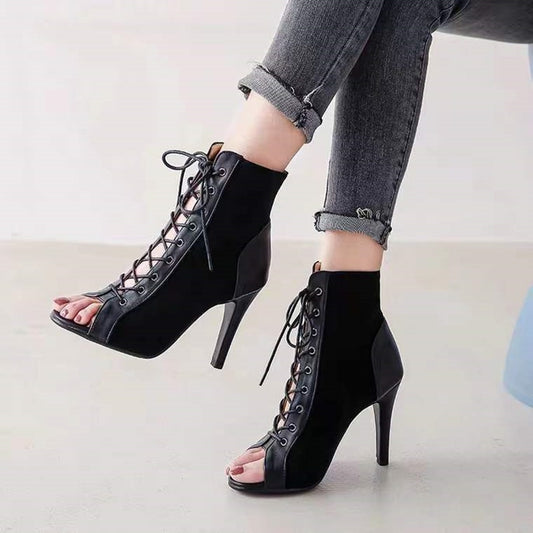 XIAOBANG-Lace-Up Sandals Heels 9CM Women's Shoes Summer 2022 Trend Black Sexy Peep Toe Boots Fashion Cloth Stilettos Jazz Dance Female