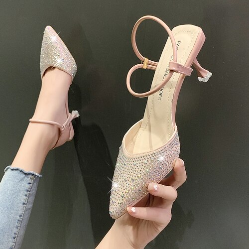 XIAOBANG-Women 2022 New Dignified Rhinestone Buckle Stiletto Heel Pointed-Toe Fairy Style High Heels Spring Sandals