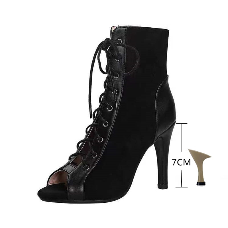 XIAOBANG-Lace-Up Sandals Heels 9CM Women's Shoes Summer 2022 Trend Black Sexy Peep Toe Boots Fashion Cloth Stilettos Jazz Dance Female