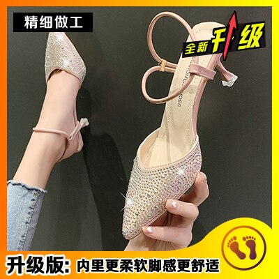 XIAOBANG-Women 2022 New Dignified Rhinestone Buckle Stiletto Heel Pointed-Toe Fairy Style High Heels Spring Sandals